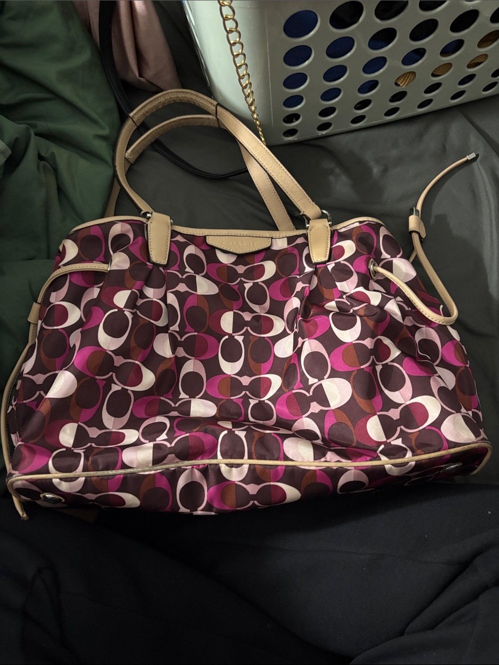 Coach Pink and Brown Signature Logo Tote with Tan Trim